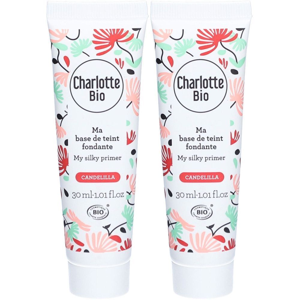 Deux tubes de primer Charlotte Bio. Blanc, motif floral. Texte: Ma base de teint fondante, My silky primer, Candellilla, 30 ml.