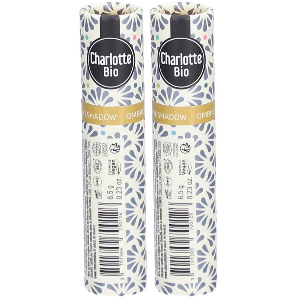 Deux emballages cylindriques avec logo « Charlotte Bio ». Inscription: Eyeshadow Ombre, Vegan, 6,5 g.