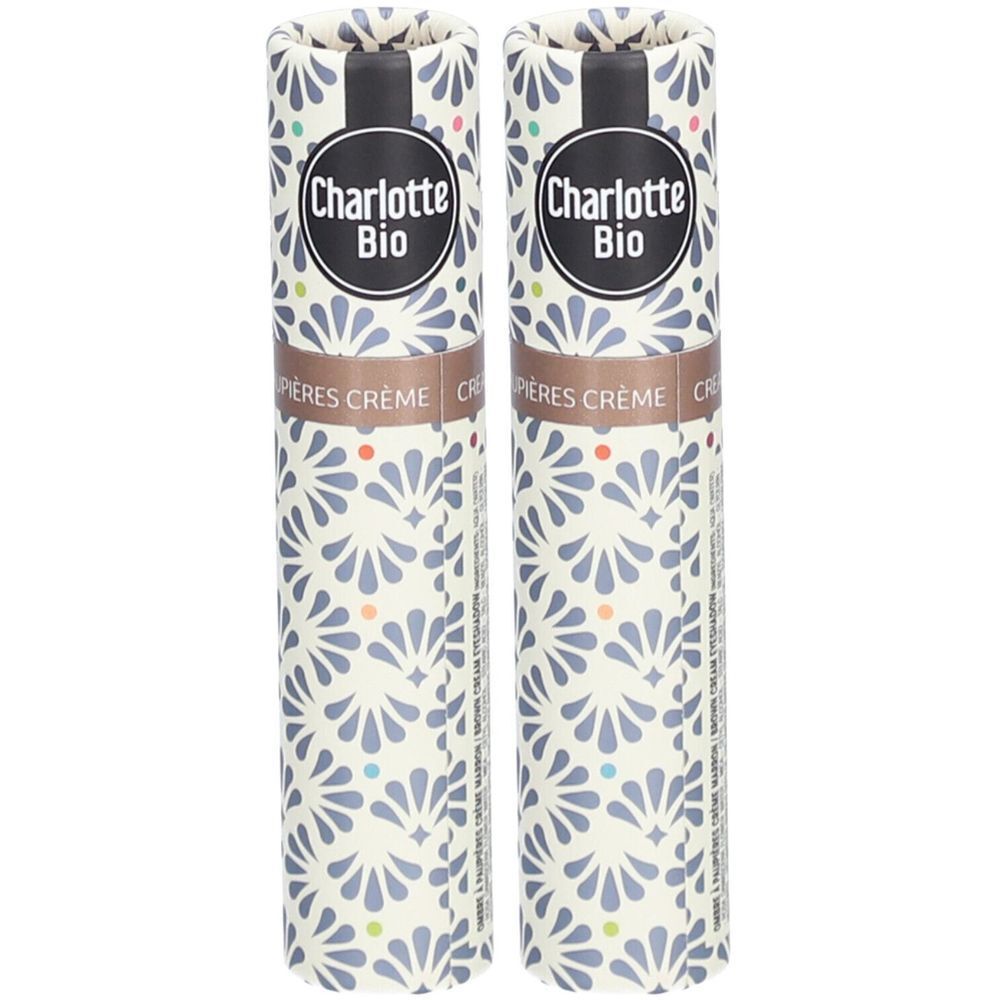 Deux tubes cylindriques. Marque Charlotte Bio. Motif floral. Fond crème. Bouchons noirs.