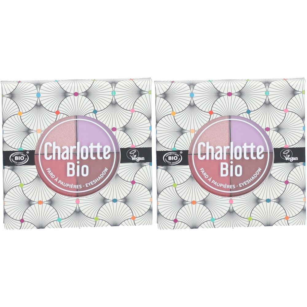 Deux palettes de fards à paupières. Emballage rond avec logo et nuances. Labels BIO et Vegan.