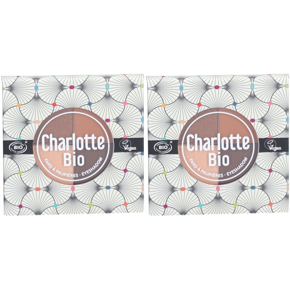 Deux palettes de fards à paupières. Chaque palette : Charlotte Bio, 4 couleurs, label BIO, logo Vegan. Emballage à motifs.