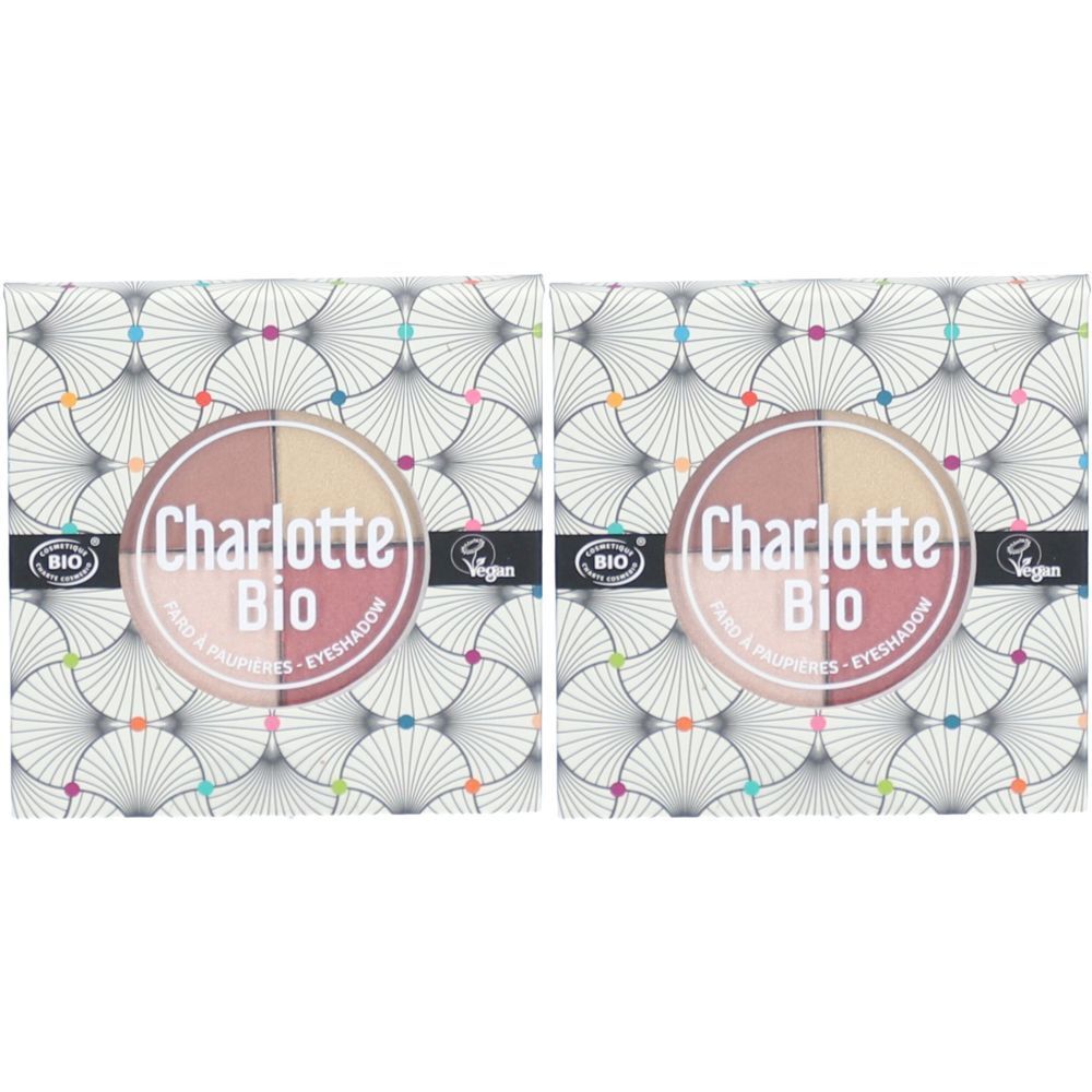 Deux palettes de fards à paupières Charlotte Bio. Chaque palette contient quatre couleurs. Logos Bio et Vegan sur l'emballage.