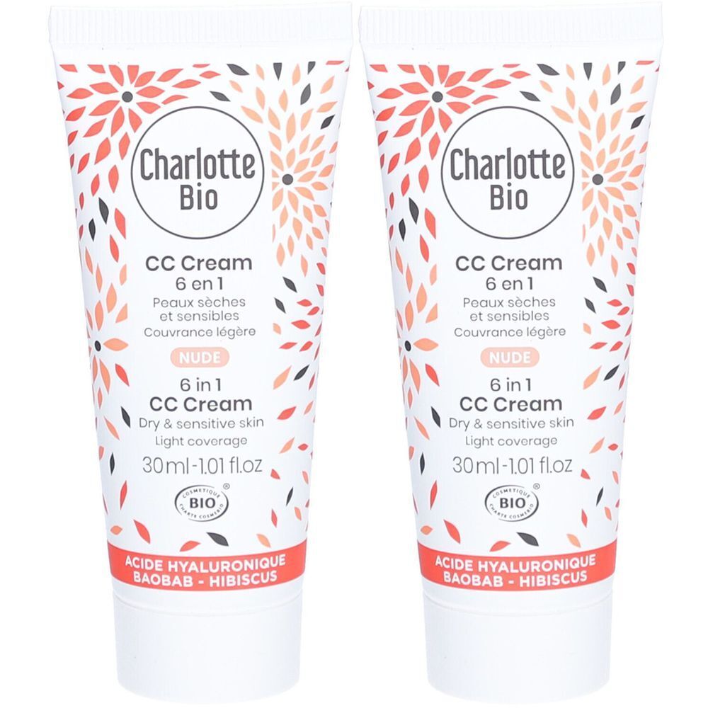 Deux tubes de crème CC Charlotte Bio. Tubes blancs avec motifs floraux et informations produit. Inscription : Nude, 6 en 1 CC Cream.