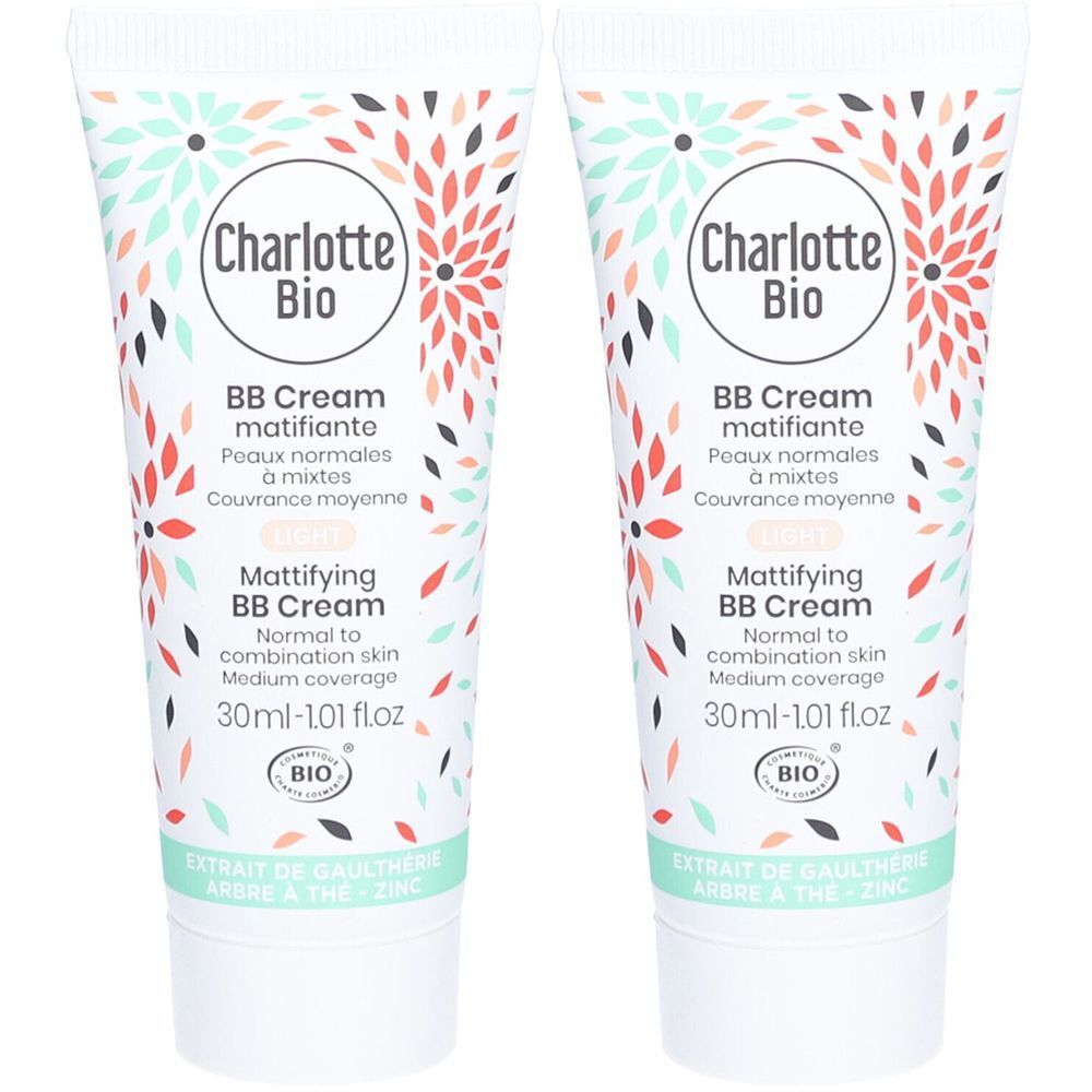 Deux tubes de BB Cream. Inscription: Charlotte Bio, BB Cream matifiante, pour peaux normales à mixtes. Avec label bio.