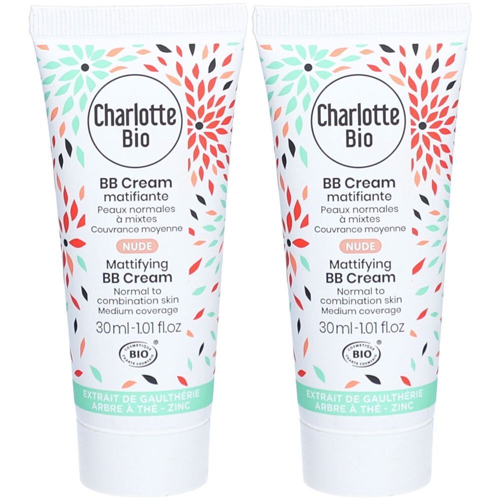 Deux tubes de BB Cream. Inscription: Charlotte Bio, BB Cream matifiante, Nude, 30ml. Certification Bio.