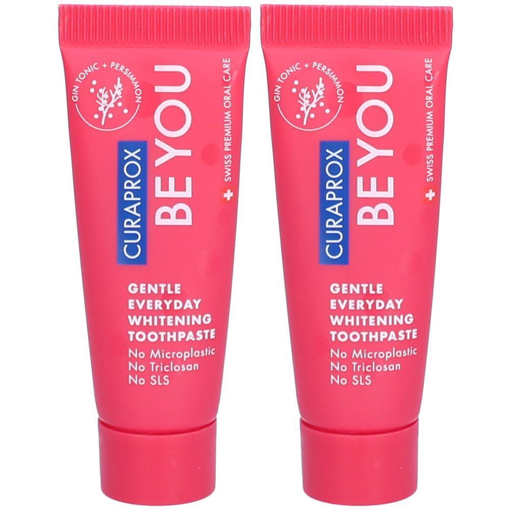 Deux tubes de dentifrice rose. Inscription : BEYOU, CURAPROX, GENTLE EVERYDAY WHITENING TOOTHPASTE. Sans microplastique, triclosan et SLS.