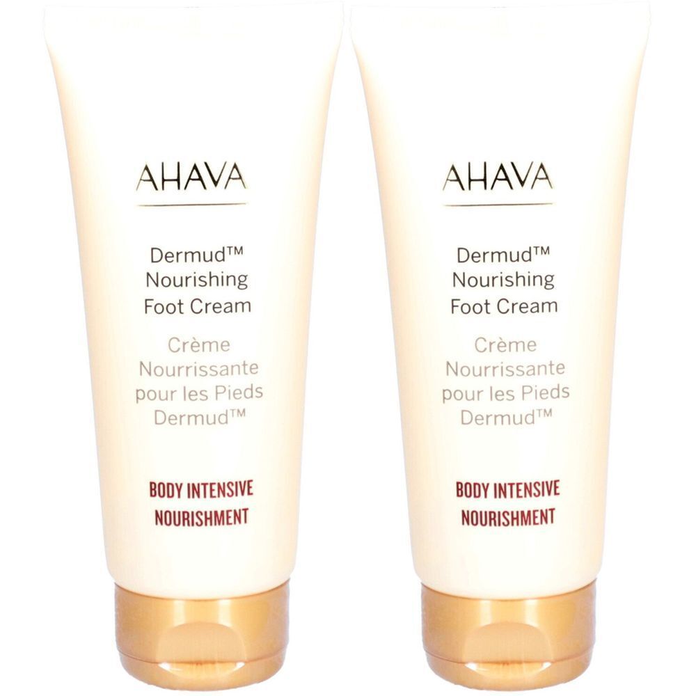 Deux tubes de crème pour les pieds AHAVA Dermud. Blanc, avec bouchon doré. Texte: Dermud, Nourishing Foot Cream, Body Intensive Nourishment.