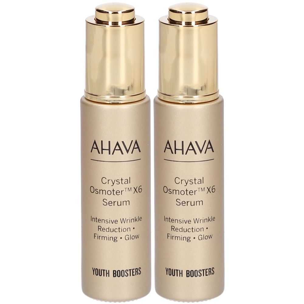 Deux flacons de sérum. Bouchon doré, inscription AHAVA, Crystal Osmoter X6 Serum, Youth Boosters.