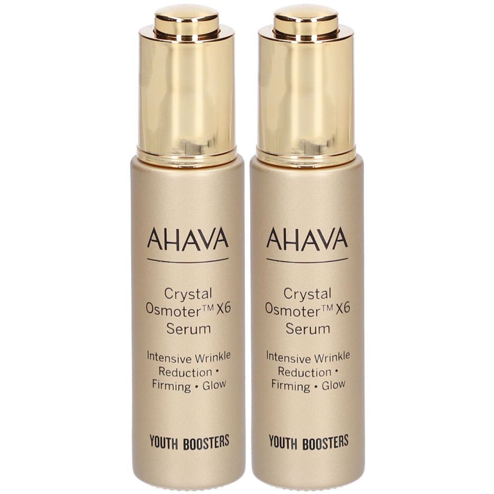 Deux flacons de sérum. Bouchon doré, inscription AHAVA, Crystal Osmoter X6 Serum, Youth Boosters.