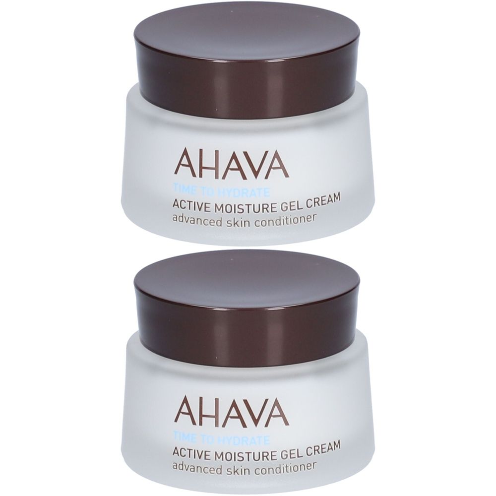 Deux pots AHAVA Active Moisture Gel Cream. Couvercles bruns, verre blanc. Inscription sur le verre.