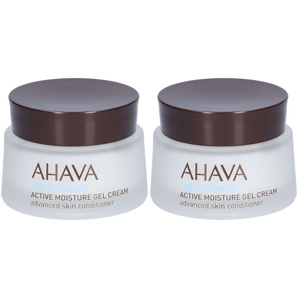 Deux pots AHAVA Active Moisture Gel Cream. Couvercles bruns, verre blanc. Inscription sur le verre.