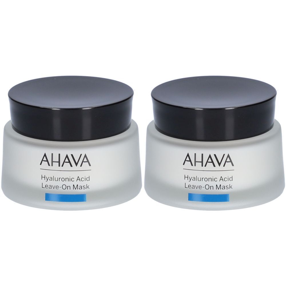 Deux pots AHAVA HYALUR ACID Masque sans rinçage. Récipients en verre avec couvercles noirs. Inscription AHAVA et nom du produit.