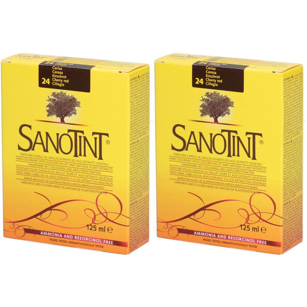 Deux boîtes jaunes SANOTINT. Inscription : 24 Cerise. Contient 125 ml. Sans ammoniaque ni résorcinol. Logo d'arbre.