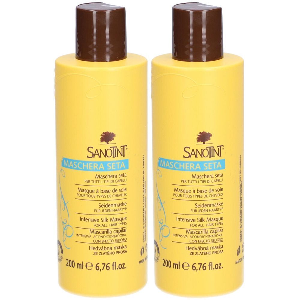 Deux flacons jaunes avec des bouchons marron. Chaque flacon porte l'inscription « SANOTINT MASCHERA SETA » en plusieurs langues. 200 ml.