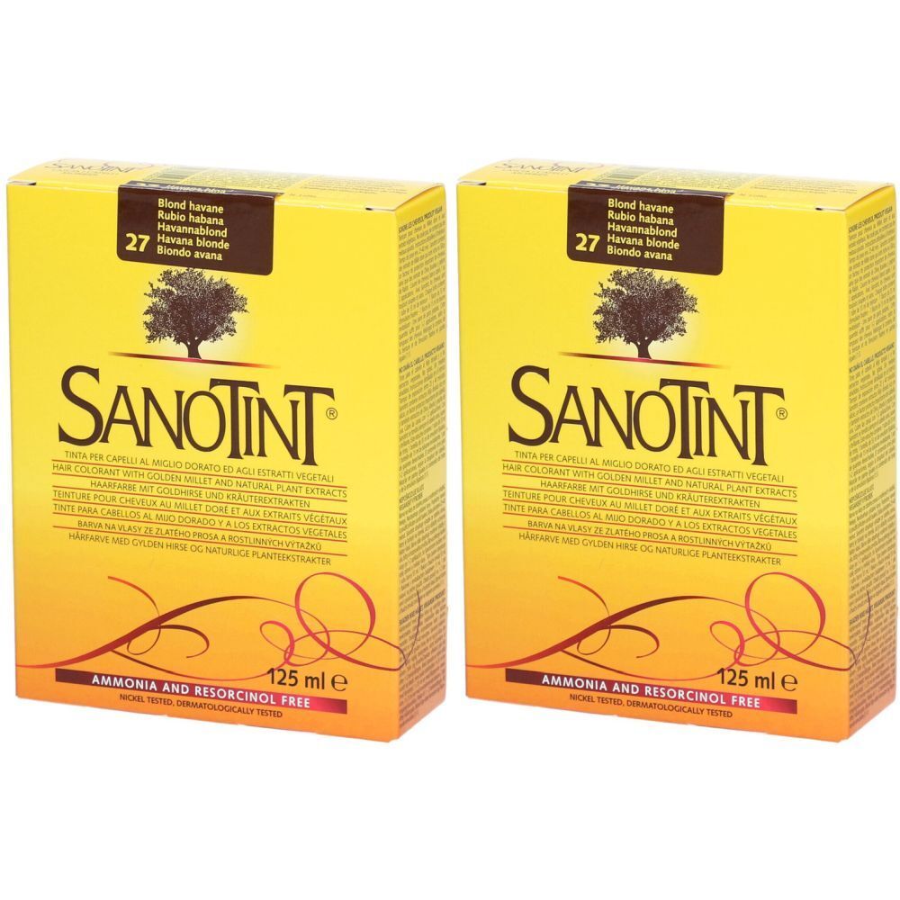 Deux boîtes jaunes de SANOTINT. Inscription : Blond havane, 27, 125 ml e. Sans ammoniaque ni résorcine.