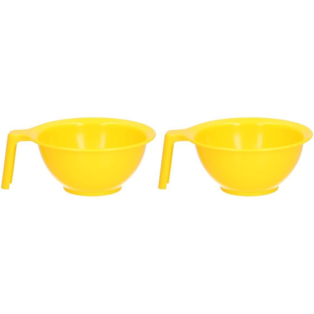 Deux bols jaunes avec poignée. Forme ronde, jaune. Poignée sur le côté. Pour coloration.