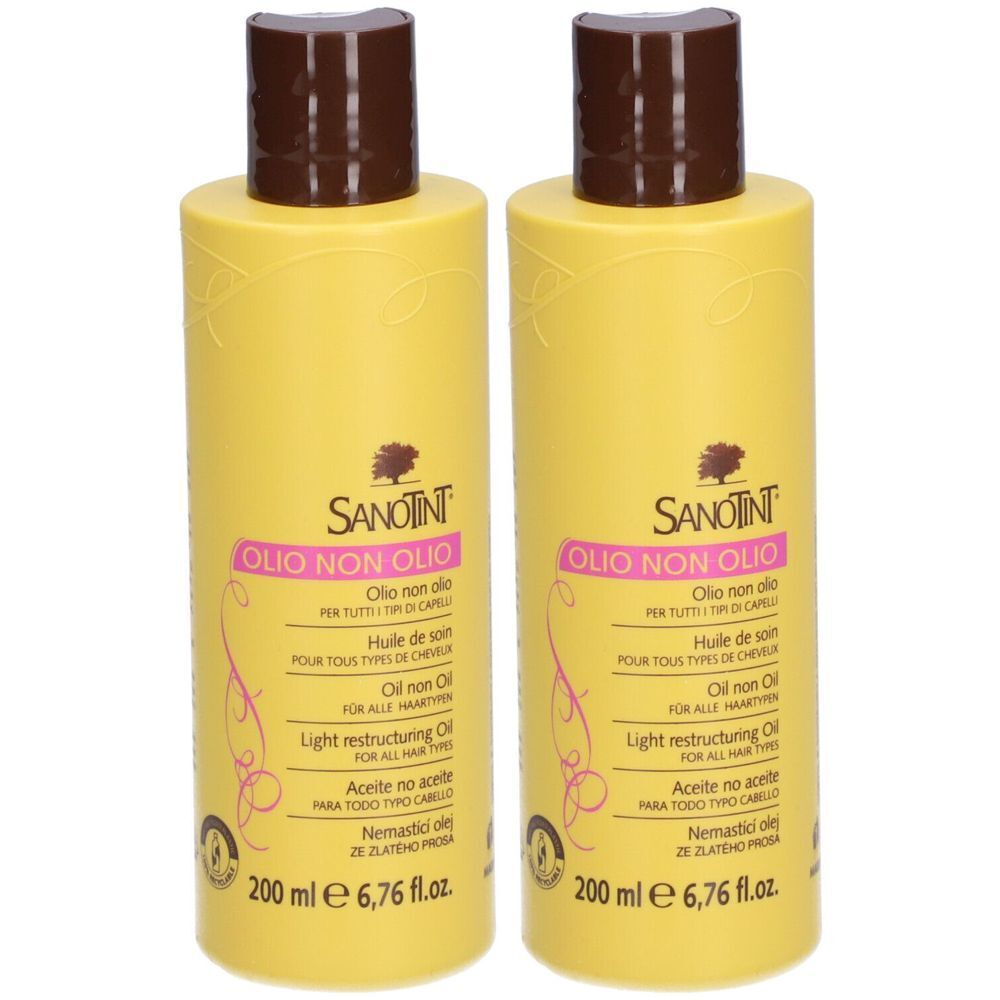 Deux flacons jaunes avec bouchons marron. Inscription: SANOTINT, OLIO NON OLIO. Texte multilingue. 200 ml.