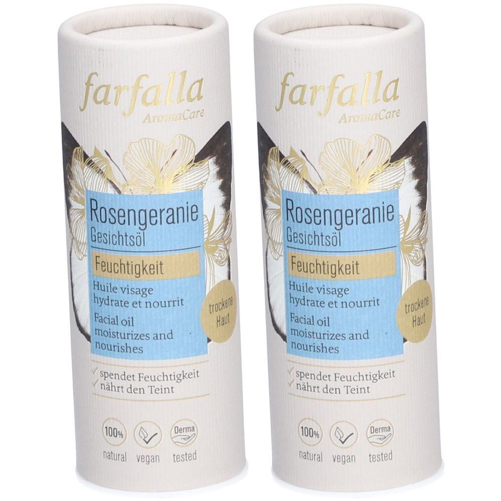 Deux flacons cylindriques. Inscription : farfalla, Rosengeranie Gesichtsöl, Feuchtigkeit. Logos : 100% naturel, vegan, Derma tested.