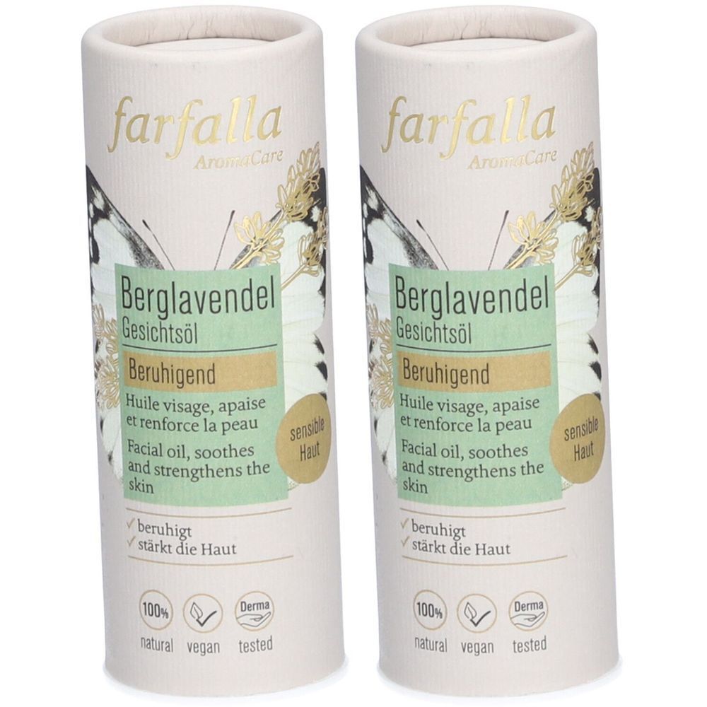 Deux contenants cylindriques avec étiquettes. Inscription: Berglavendel Gesichtsöl, apaisant. Logo: Farfalla.