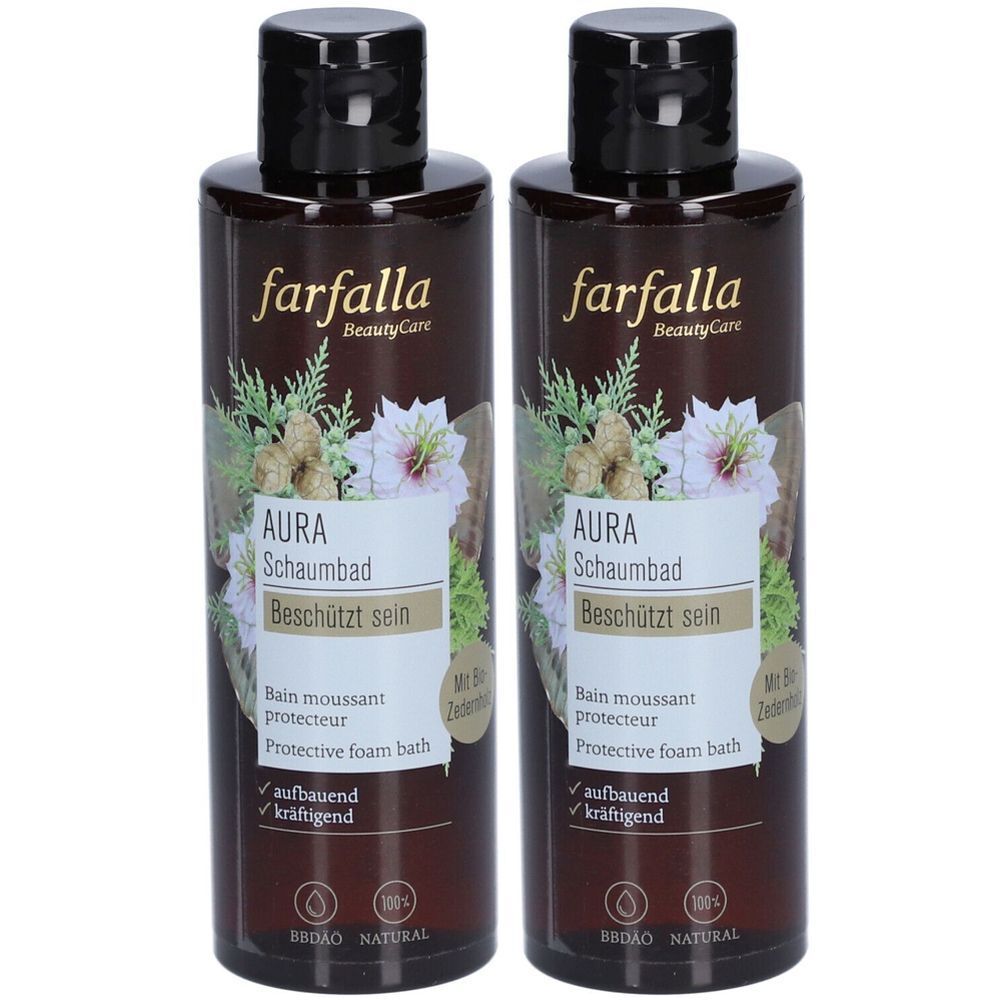 Deux flacons bruns avec bouchons noirs. Inscription : farfalla BeautyCare, AURA Schaumbad, Beschützt sein. Avec motif floral.