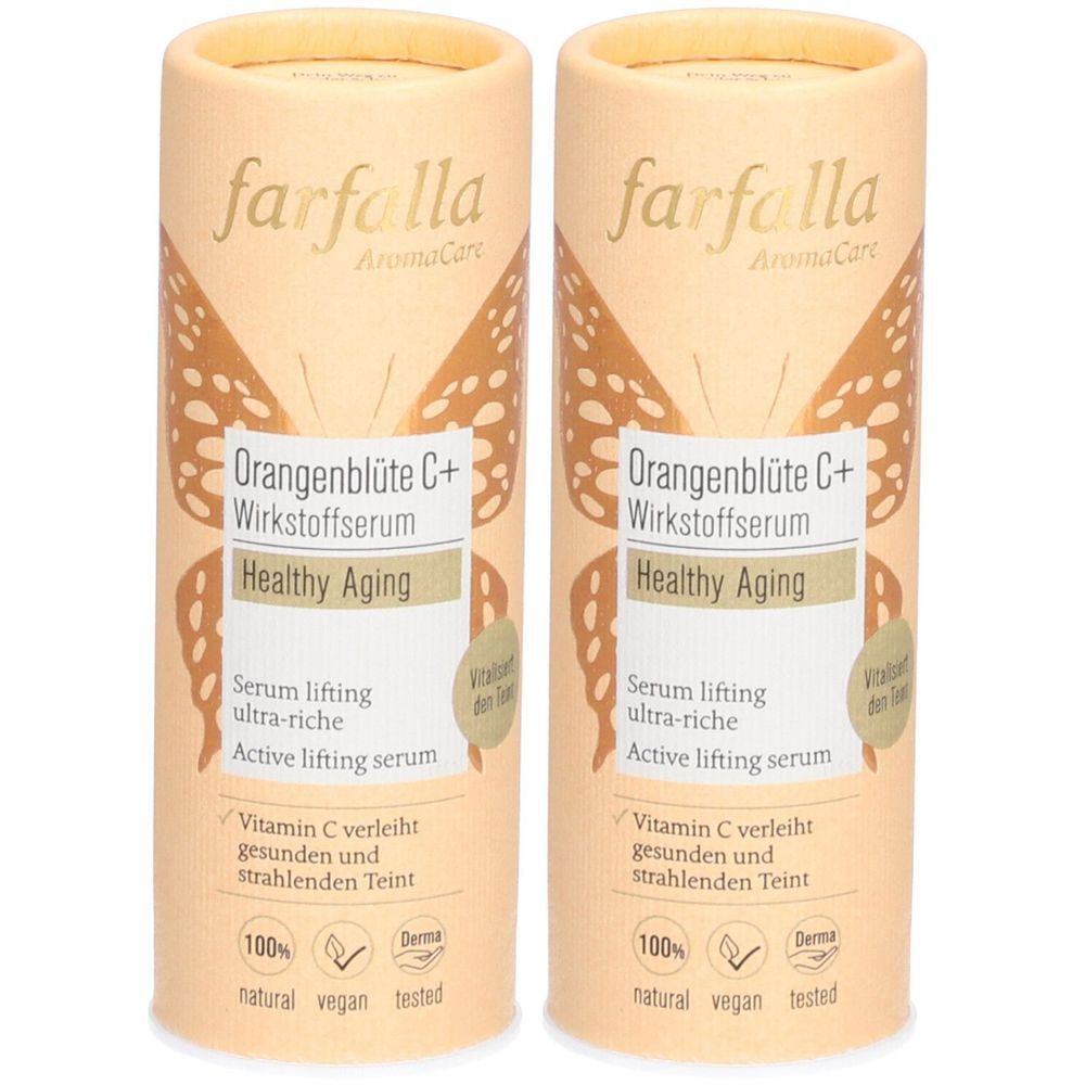 Deux flacons cylindriques. Inscription : farfalla, Orangenblüte C+ Wirkstoffserum, Healthy Aging, Serum lifting ultra-riche. Vegan.
