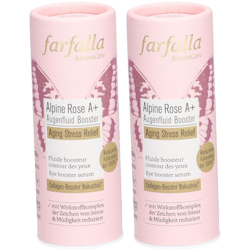 Deux contenants cylindriques roses. Inscription: farfalla, Alpine Rose A+ Augenfluid Booster, Aging Stress Relief. Texte en allemand et français.