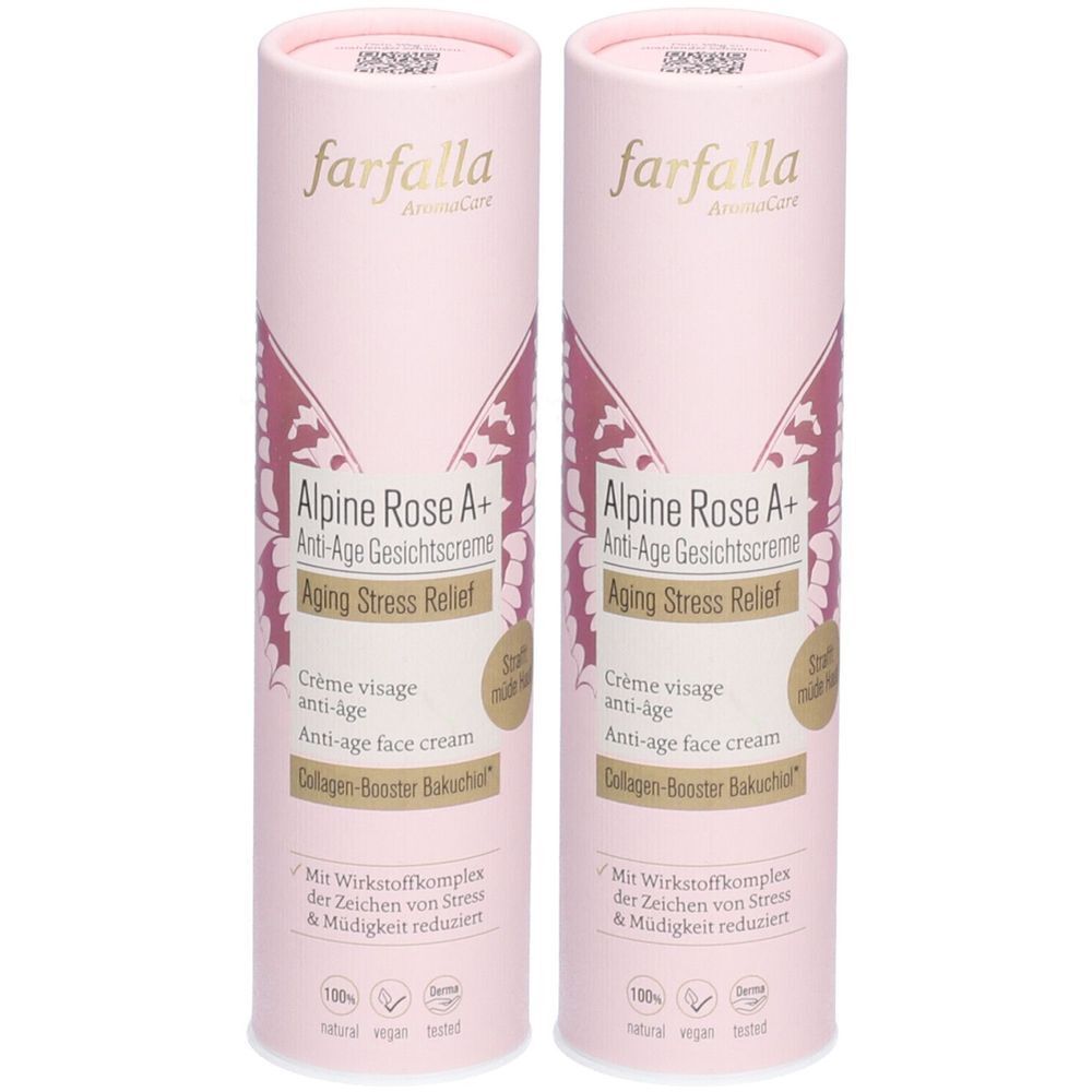 Deux emballages cylindriques roses avec texte "farfalla Alpine Rose A+". Crème visage anti-âge, Aging Stress Relief.