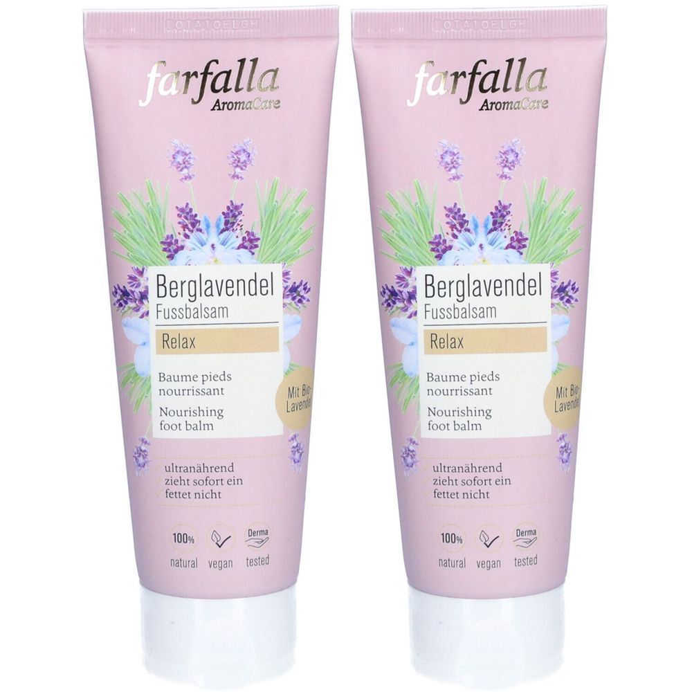 Deux tubes de baume pour les pieds. Inscription : Berglavendel, Relax, Baume pieds nourrissant, Nourishing foot balm. Marque : farfalla.