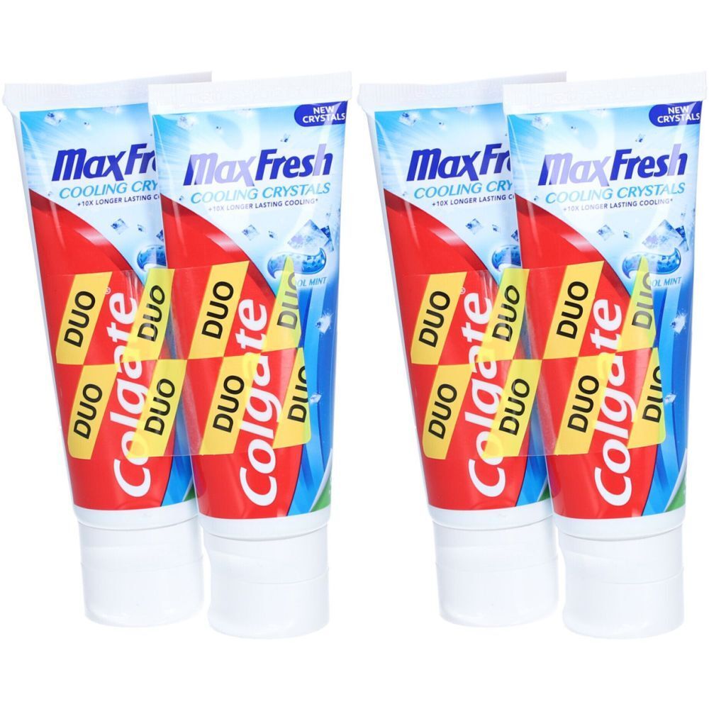 Quatre tubes de dentifrice Colgate Max Fresh. Emballage rouge et bleu, bouchon blanc. Inscription: Duo.