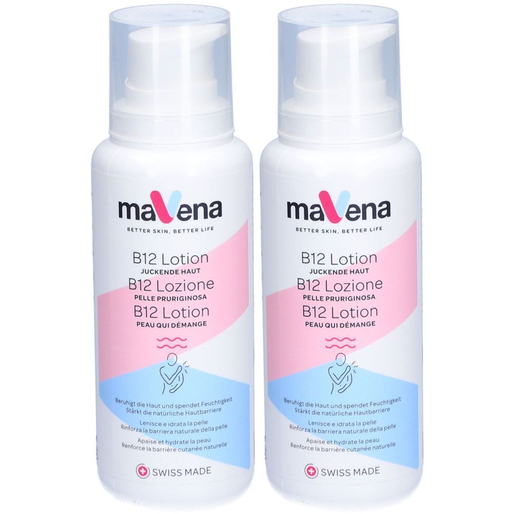 Deux flacons blancs avec pompe. Inscription: mavena, B12 Lotion, Peau qui Demange. B12 Lozione, Pelle Pruriginosa, B12 Lotion, Peau qui Demange. Swiss Made.