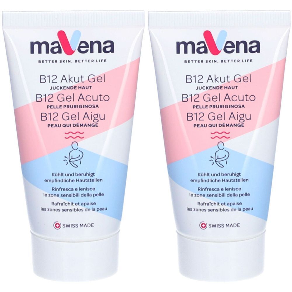 Deux tubes de Mavena B12 Gel. Blanc, avec design rose et bleu. Texte: B12 Akut Gel, B12 Gel Acuto, B12 Gel Aigu. Swiss Made.