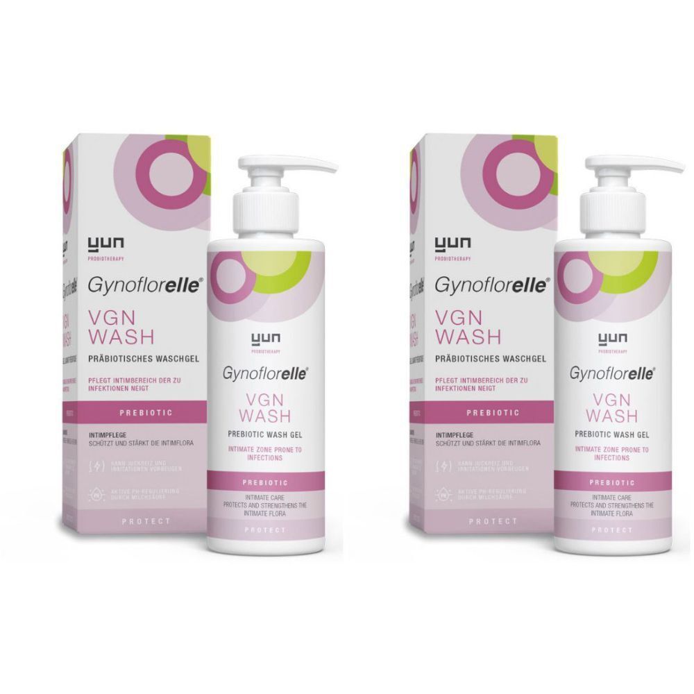 Deux flacons et emballages de Gynoflorelle VGN Wash. Inscription : Gel lavant prébiotique. Flacons avec pompe.