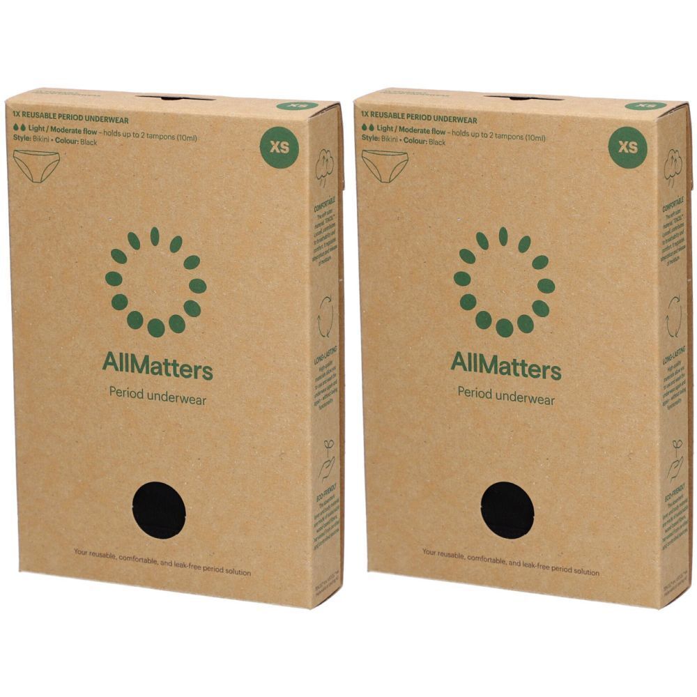 Deux boîtes de sous-vêtements périodiques AllMatters. Taille XS, emballage marron, logos verts. Texte : "Period Underwear".