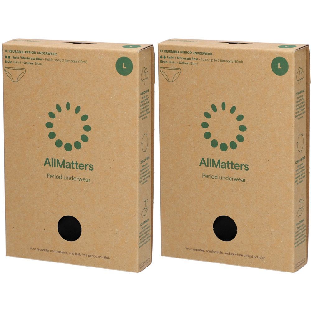 Deux boîtes de sous-vêtements périodiques AllMatters. Taille L, emballage marron avec logo vert et illustration du produit.