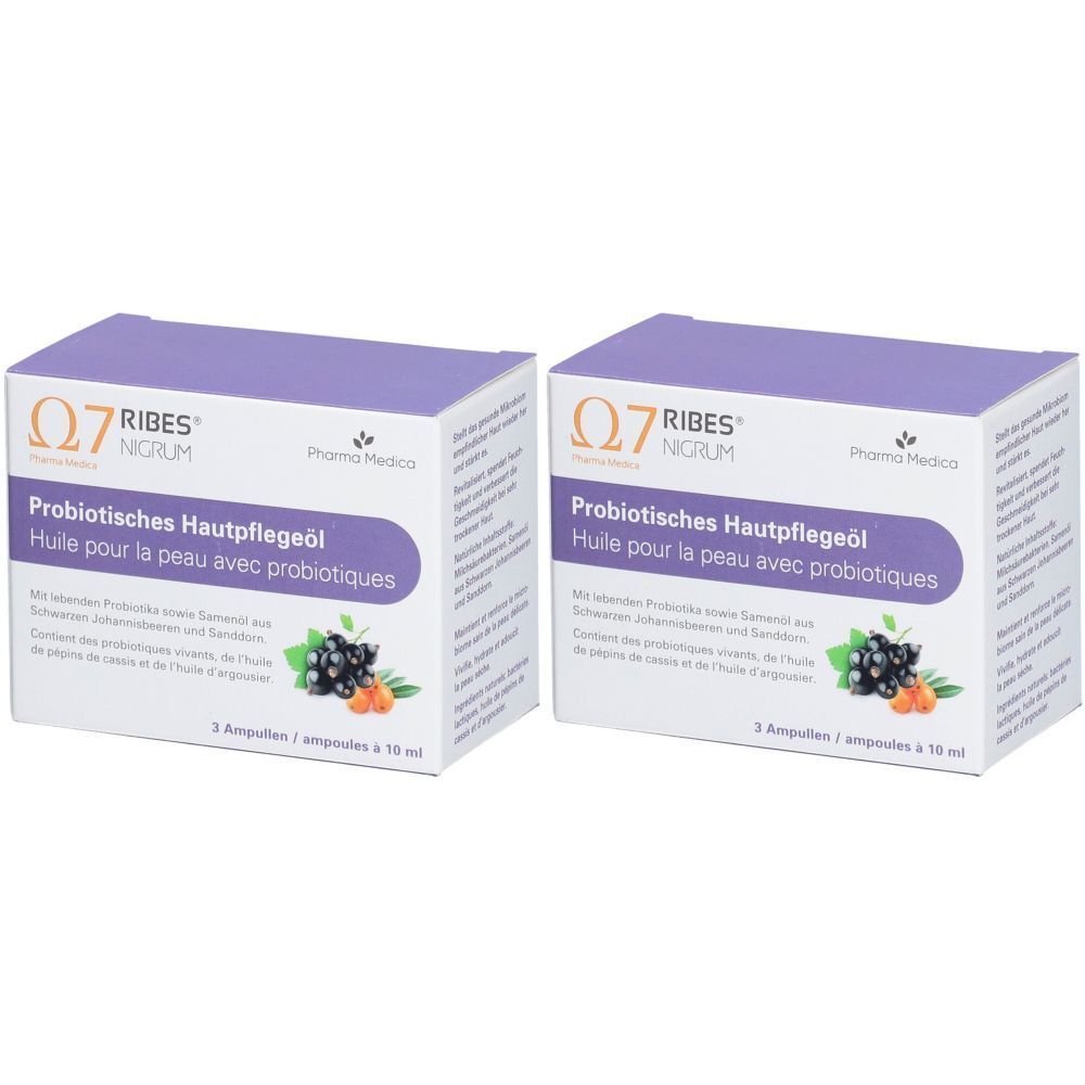 Deux boîtes de soin de la peau. Inscription : Q7 Ribes Nigrum, Huile pour la peau avec probiotiques. Illustration de baies.