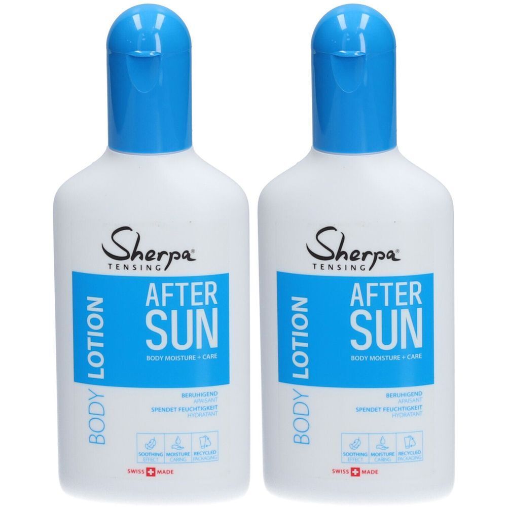 Deux flacons de lotion après-soleil. Flacons blancs avec bouchon bleu. Inscription : Sherpa Tensing, After Sun, Body Lotion.
