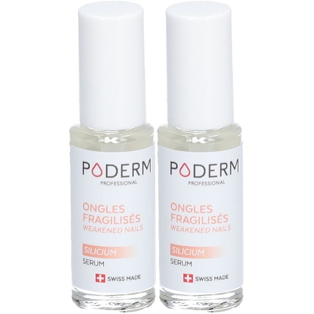 Deux flacons de sérum pour ongles. Inscription: PODERM, Ongles fragilisés, Silicium Serum, Swiss Made.