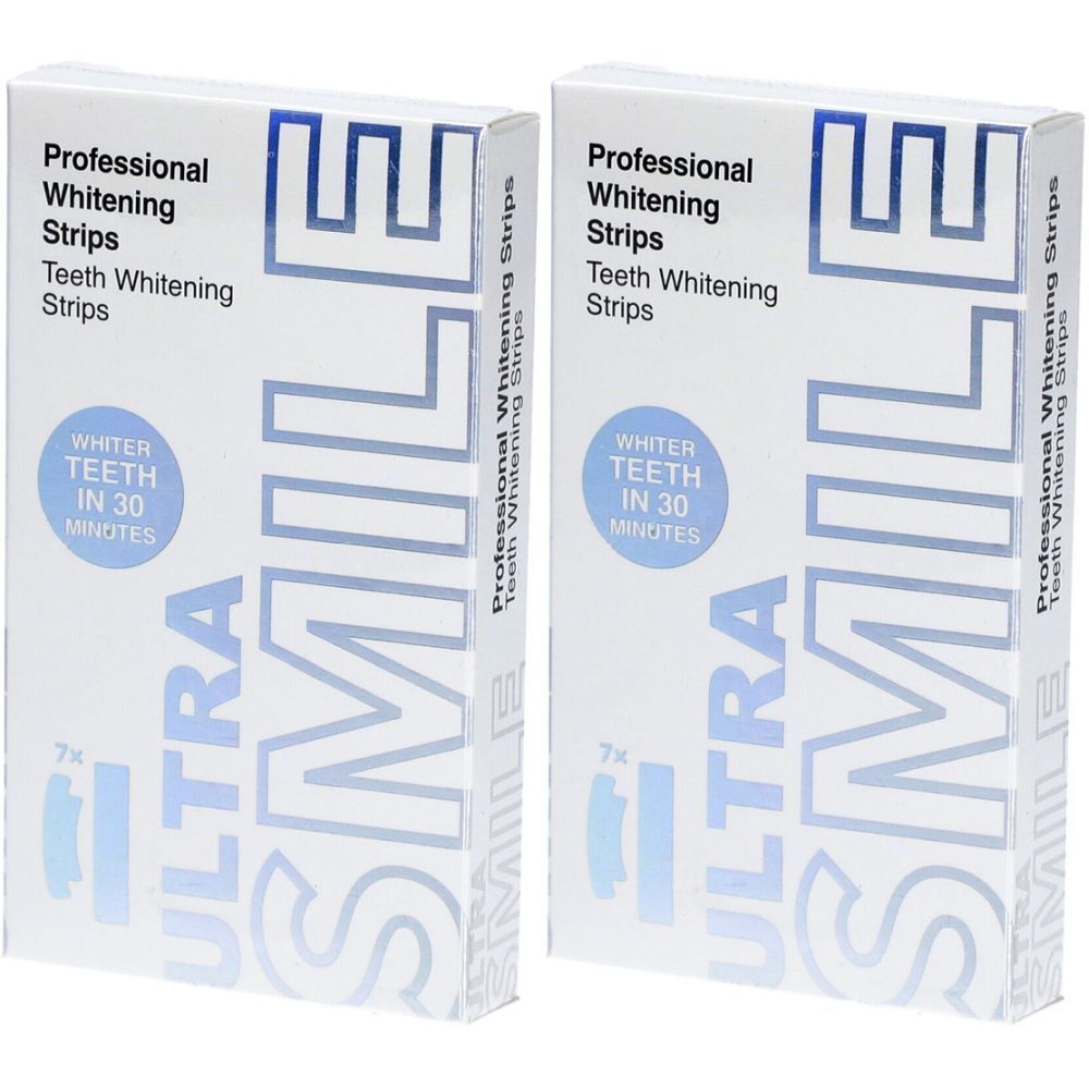 Deux boîtes de "Professional Whitening Strips". Inscription : "ULTRA SMILE", "Whiter Teeth in 30 minutes".