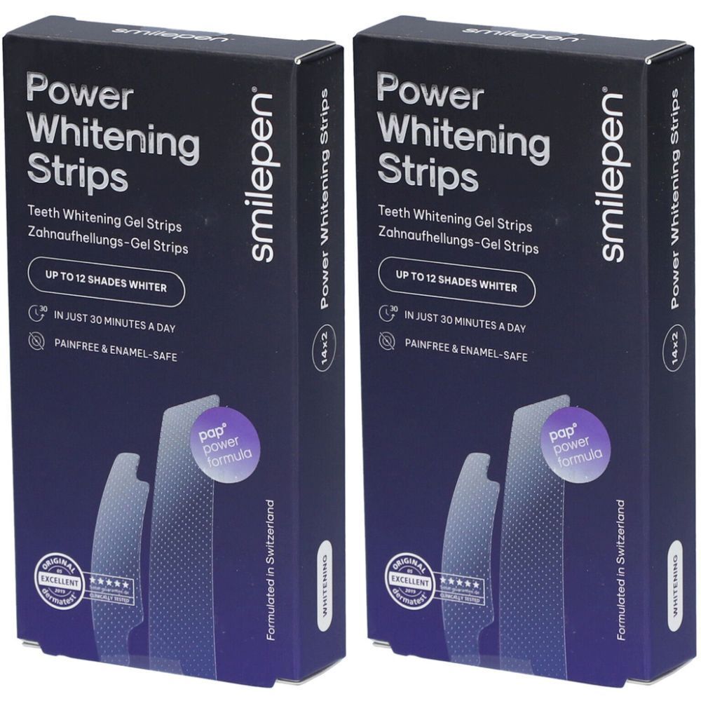 Deux boîtes de SMILEPEN® Power Whitening Strips. Inscription : Power Whitening Strips, jusqu'à 12 teintes plus blanches, sans douleur et sans danger pour l'émail.
