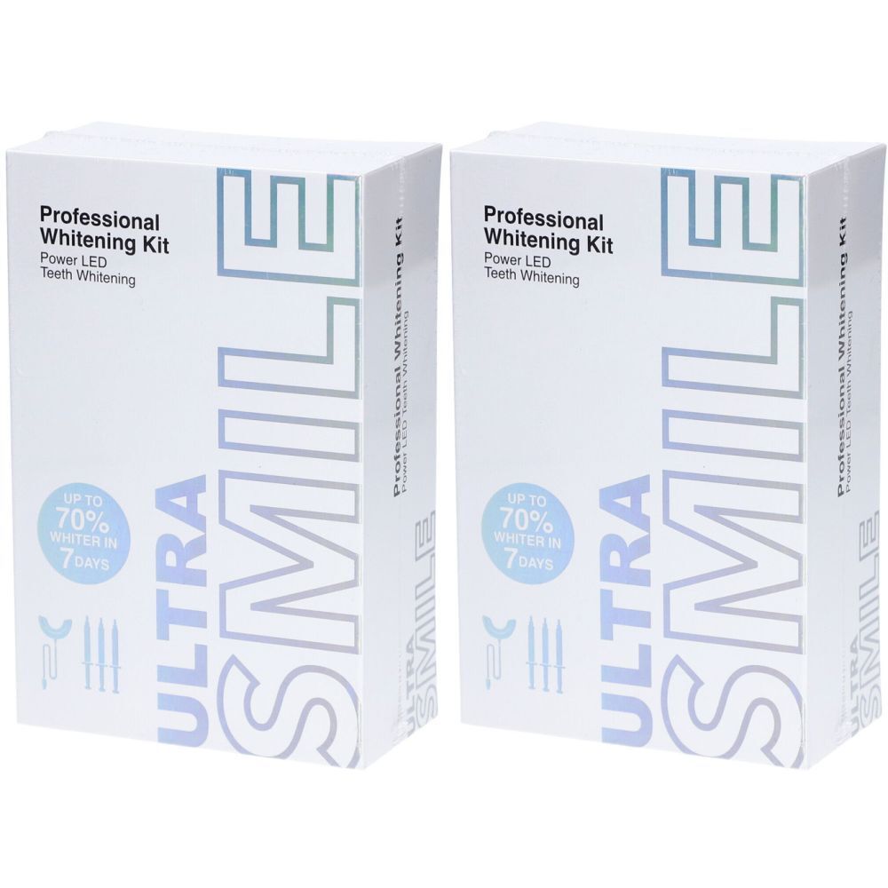 Deux boîtes blanches avec "ULTRA SMILE Professional Whitening Kit". Texte : "Jusqu'à 70% plus blanc en 7 jours".