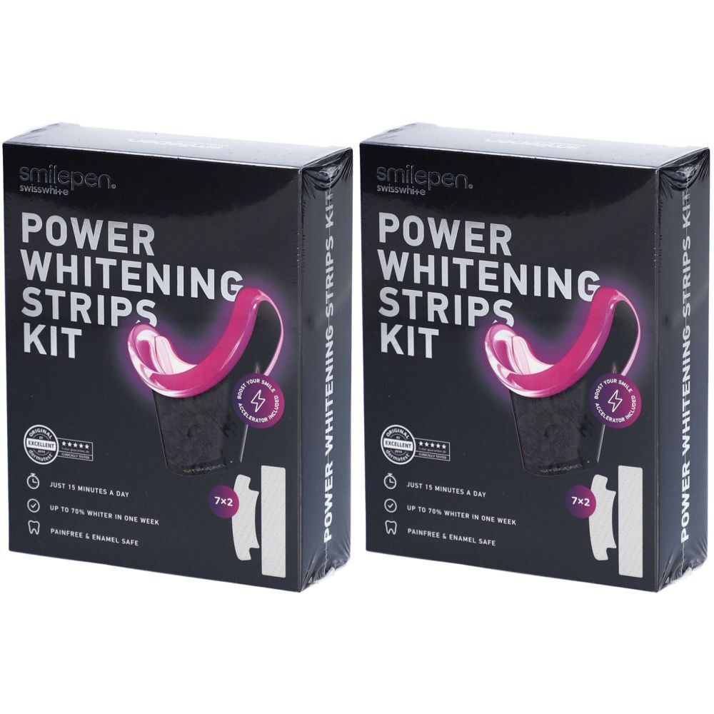 Deux boîtes de SMILEPEN Power Whitening Strips Kit. Emballage noir avec nom du produit et illustration d'un embout buccal rose.