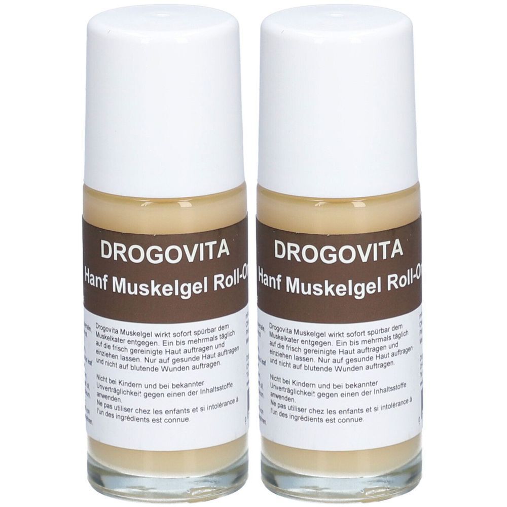 Deux flacons roll-on avec bouchon blanc et étiquette marron. Inscription : DROGOVITA Hanf Muskelgel Roll-on. Gel visible.