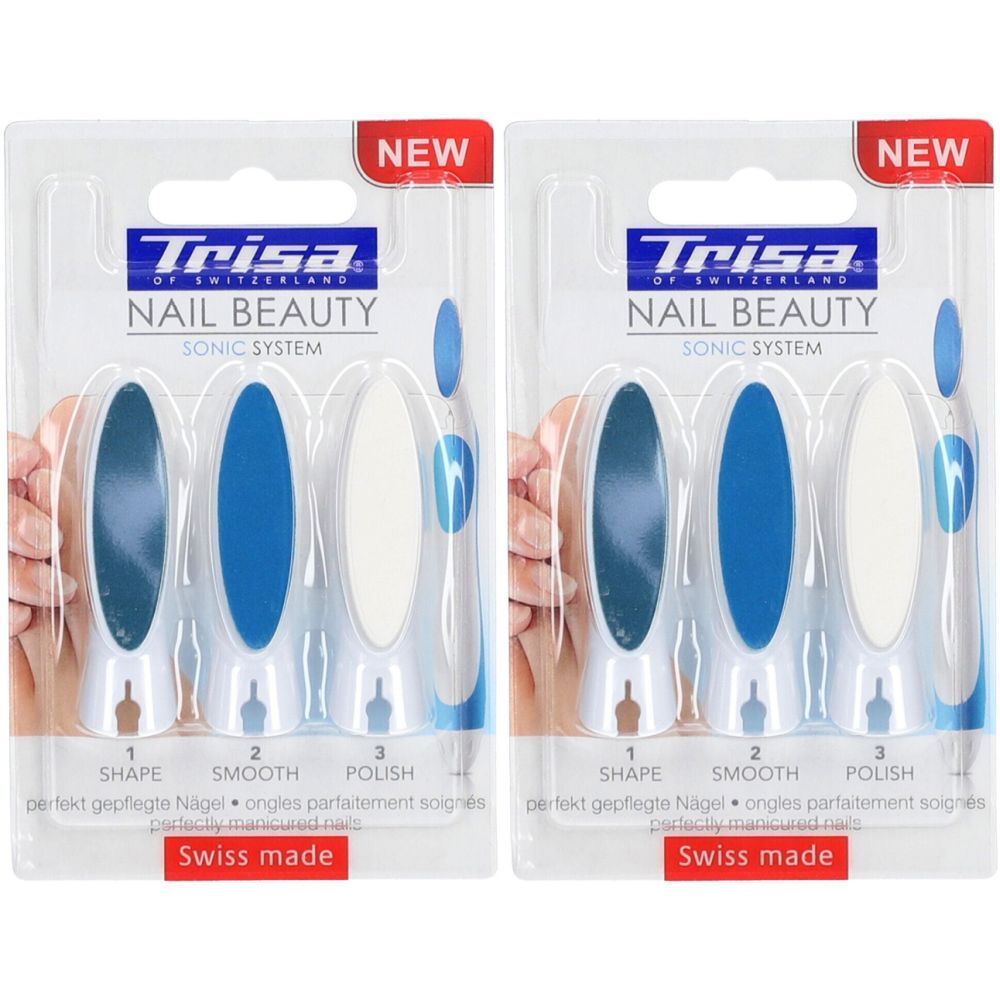 Deux emballages du système TRISA Nail Beauty Sonic. Chaque emballage contient trois embouts : Shape, Smooth, Polish. Swiss Made.