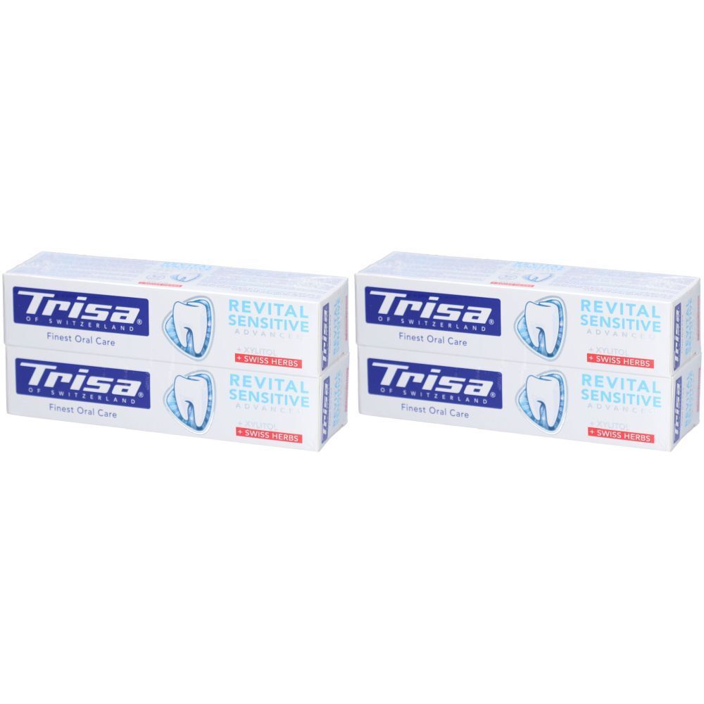 Deux piles d'emballages de dentifrice. Inscription: Trisa Revital Sensitive. Logo: dent. Emballage blanc avec accents bleus et rouges.
