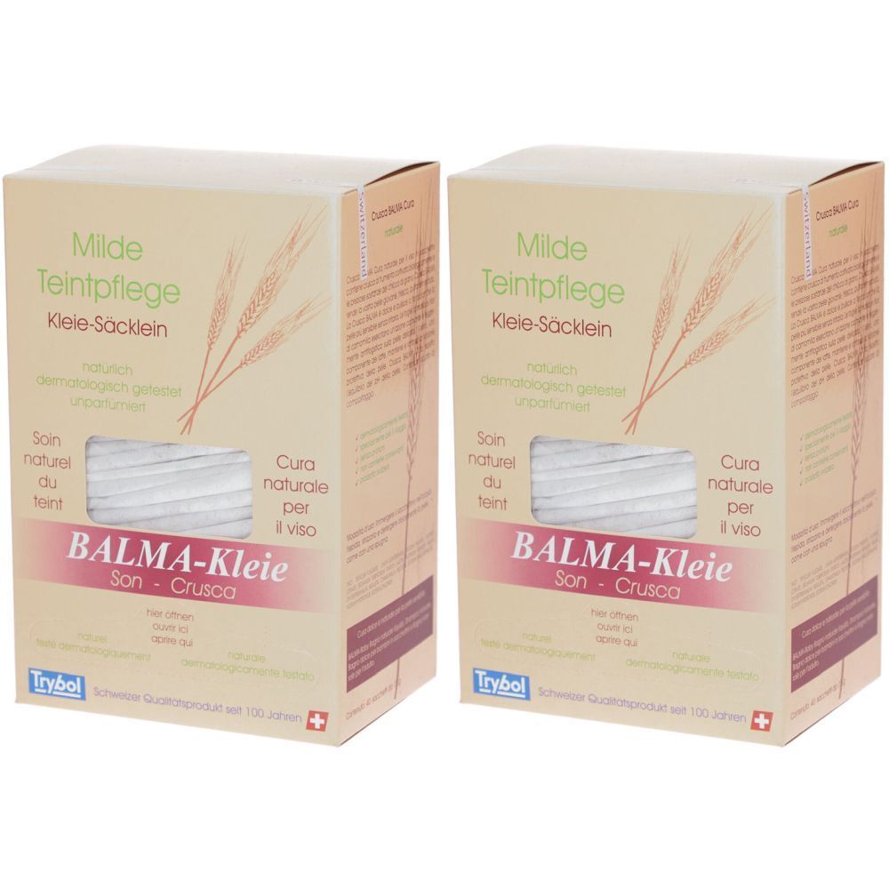 Deux boîtes avec l'inscription 'BALMA-Kleie'. Inscriptions en allemand, français et italien. Marque : Trybol.