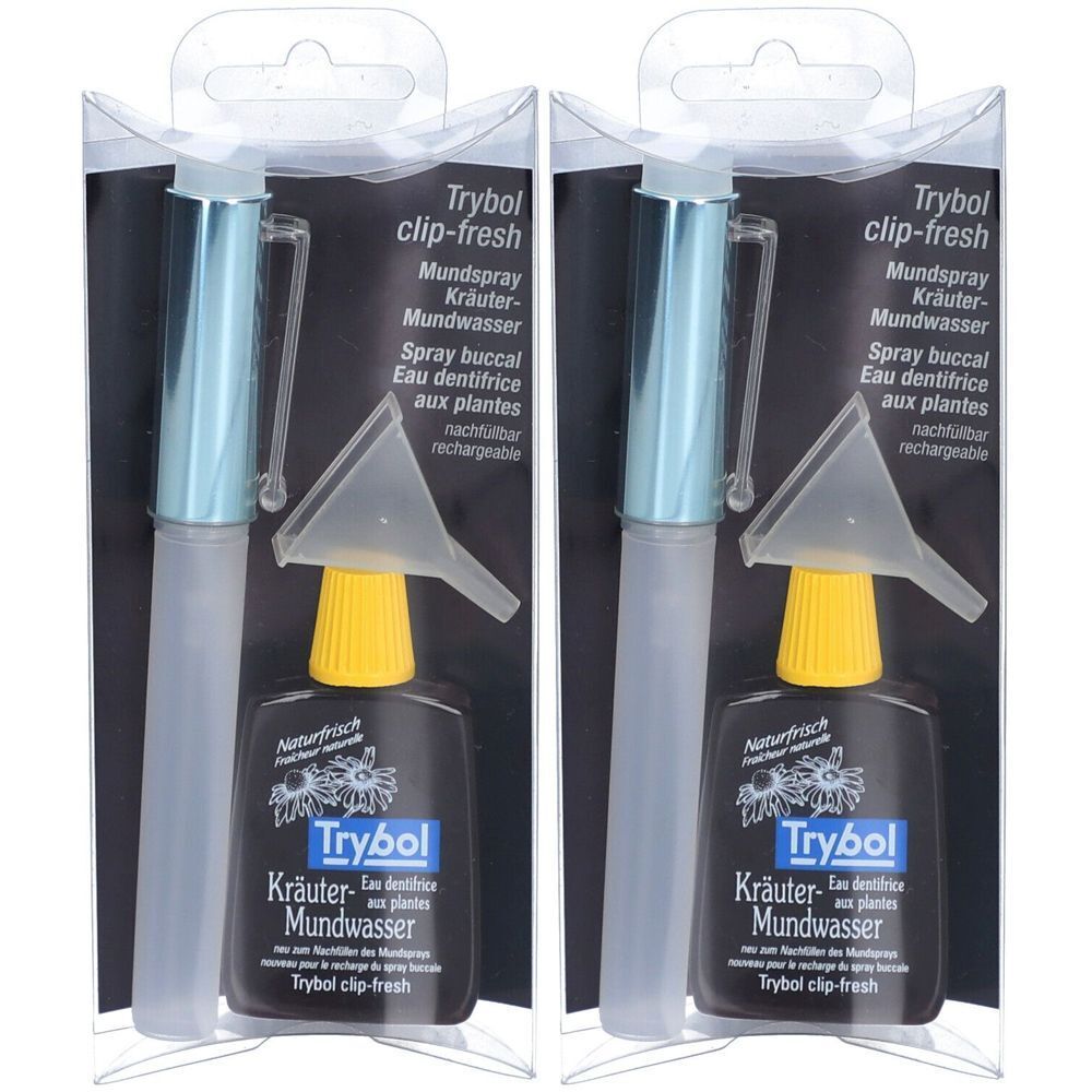 Deux emballages de spray buccal avec vaporisateur, entonnoir et recharge. Flacon noir avec bouchon jaune, nom du produit Trybol.