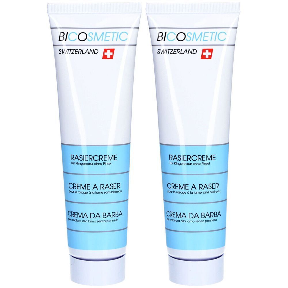 Deux tubes de crème à raser. Inscription : BICOSMETIC, Suisse. Texte en allemand, français et italien.