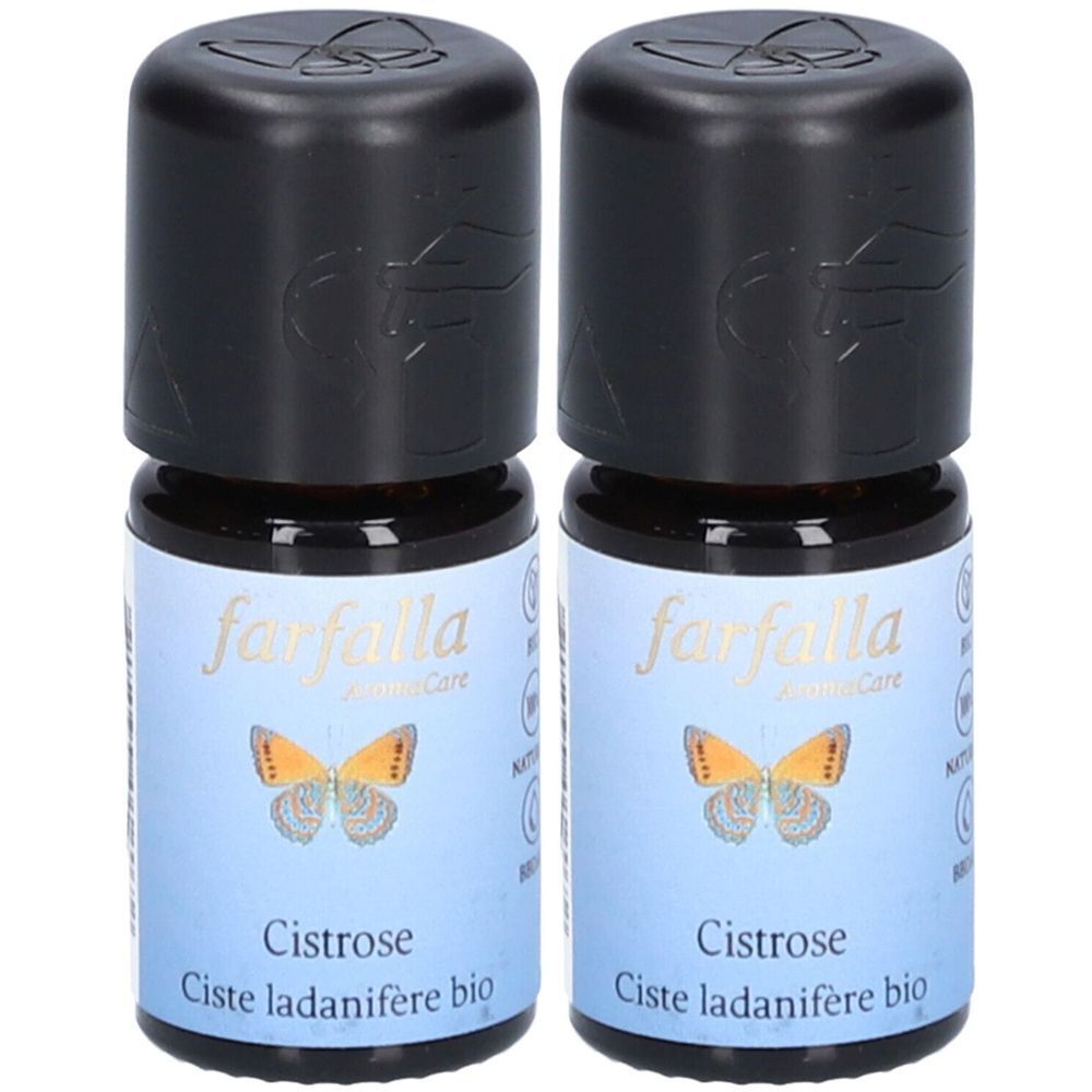 Deux petites bouteilles marron avec des bouchons noirs. Les étiquettes indiquent "farfalla" et "Cistrose".