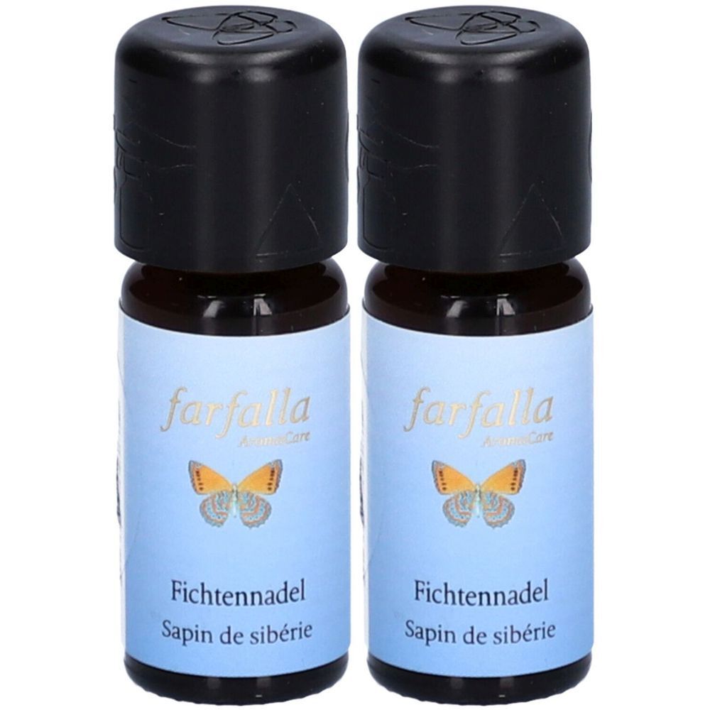Deux flacons en verre brun avec des bouchons noirs. Les étiquettes indiquent "farfalla AromaCare" et "Fichtennadel Sapin de sibérie".
