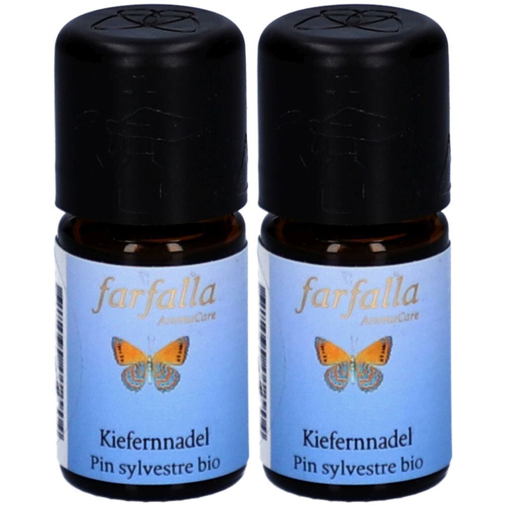 Deux petites bouteilles en verre brun avec bouchon noir. L'étiquette indique "farfalla" et "Pin sylvestre bio".